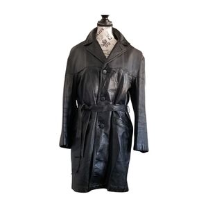 60s Black Leather Trench Coat with Belt and Wide Collar